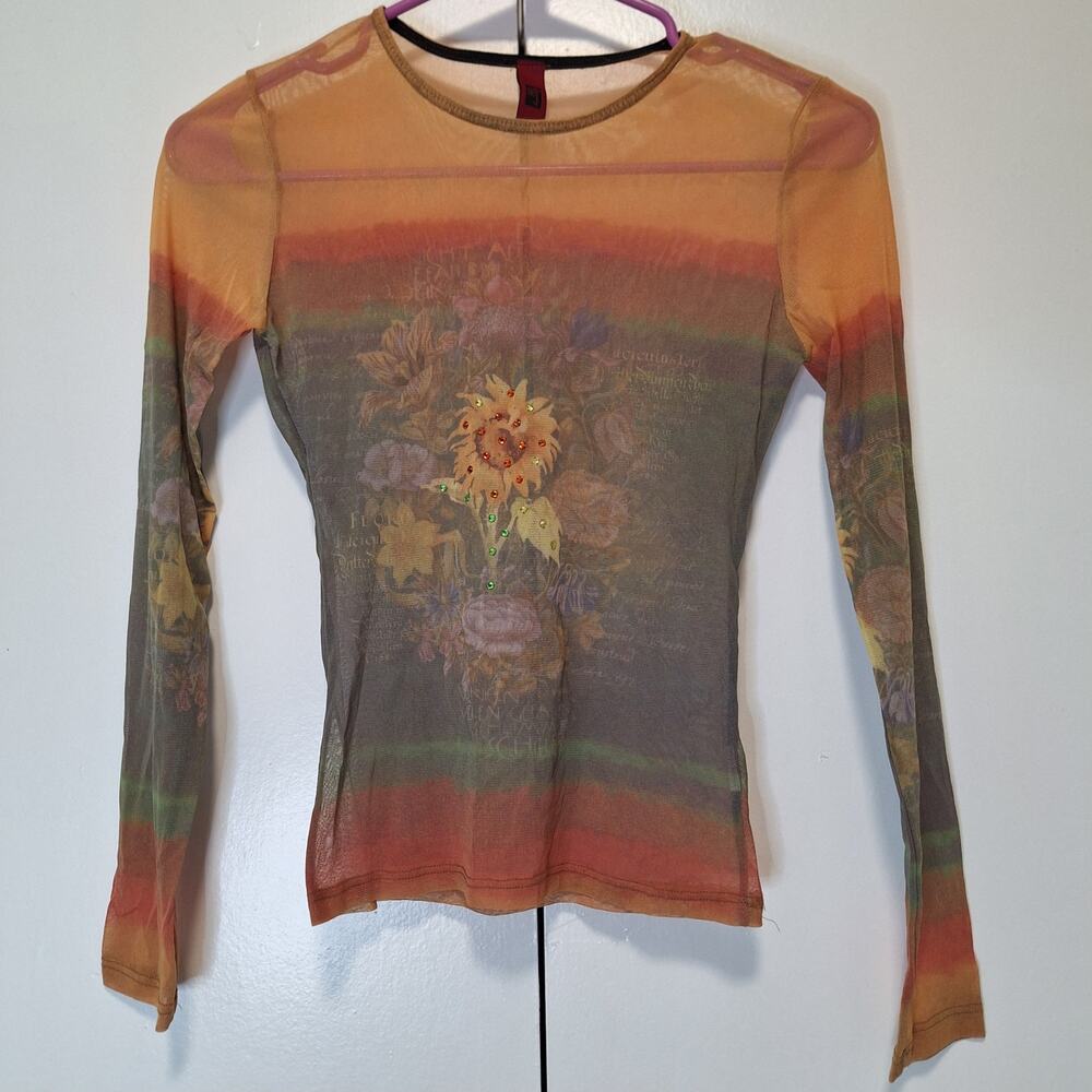 Just In Time USA Sunflower Sunset Mesh Top Y2K Size Small